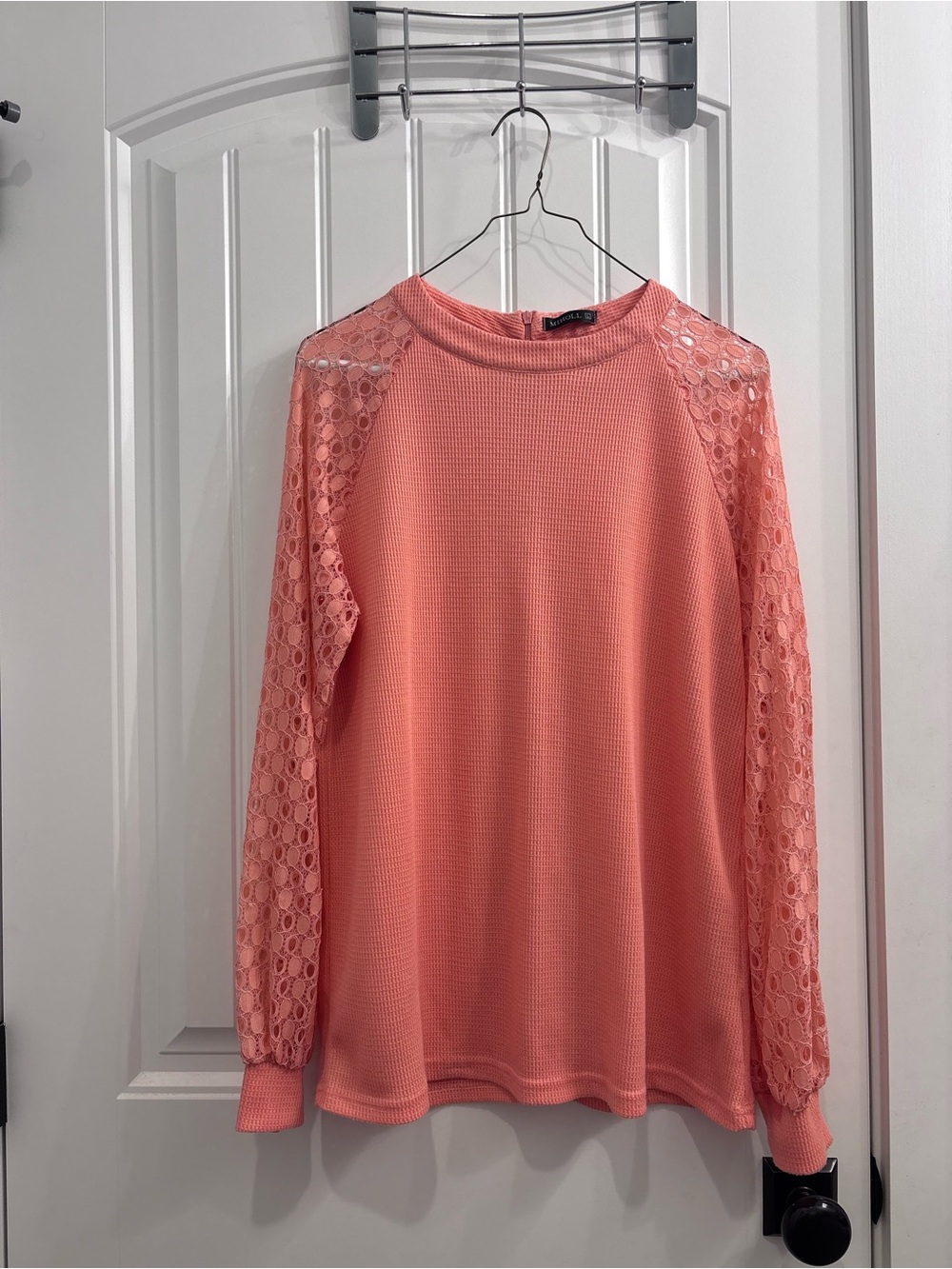 Coral Lace-Sleeve Waffle Knit Top